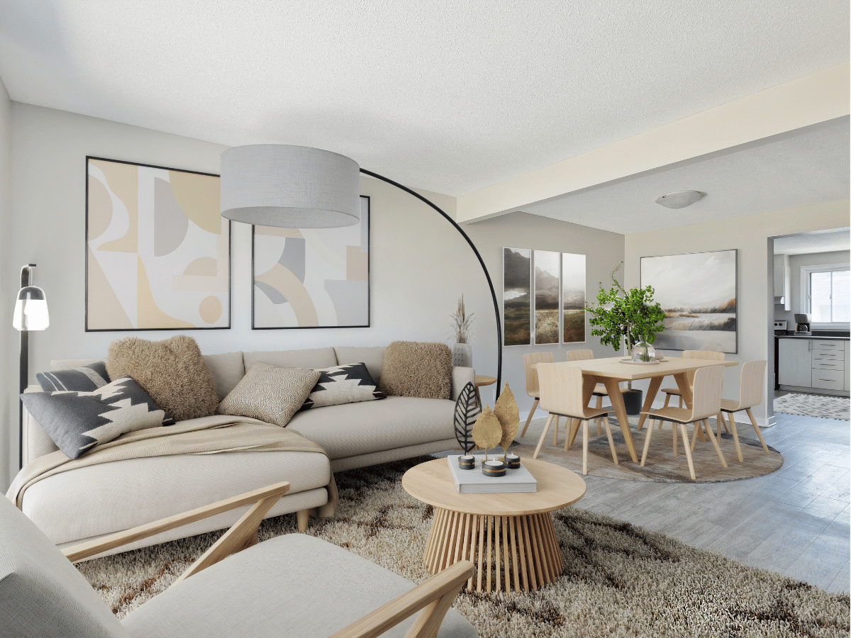 Virtually staged open concept living room, dining, and kitchen at Navaho Garden Homes.